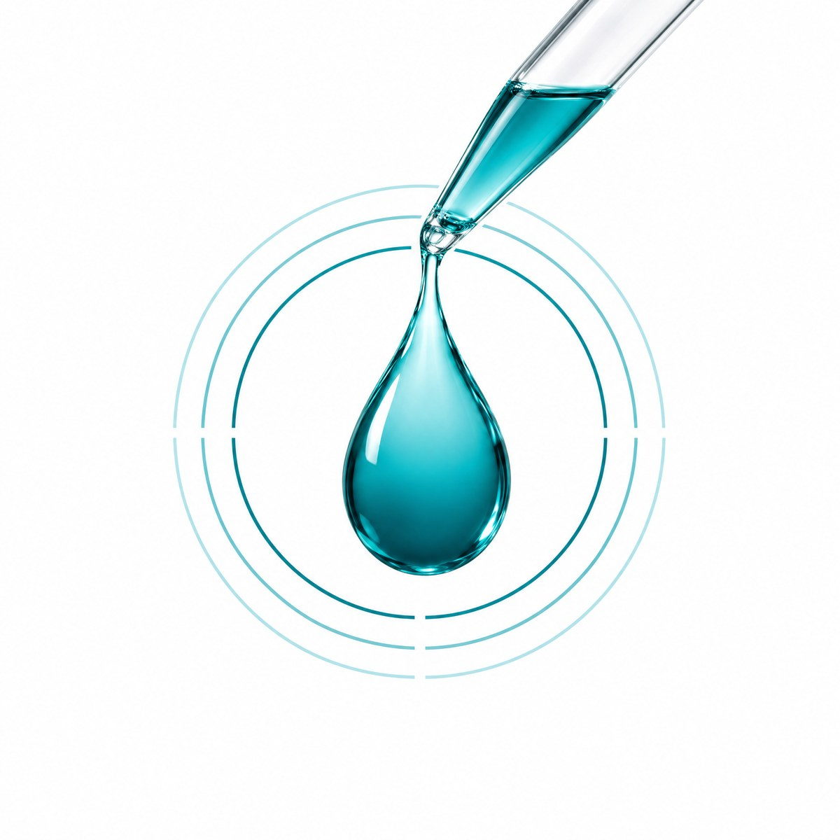 Gota de desmoldante azul petróleo cayendo de una pipeta de vidrio, rodeada de anillos concéntricos.