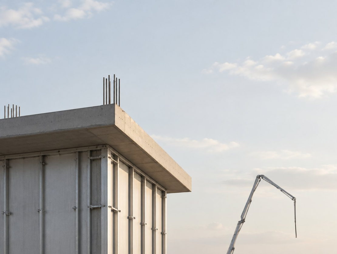 Edificio en construcción con formaleta metálica y bomba de concreto