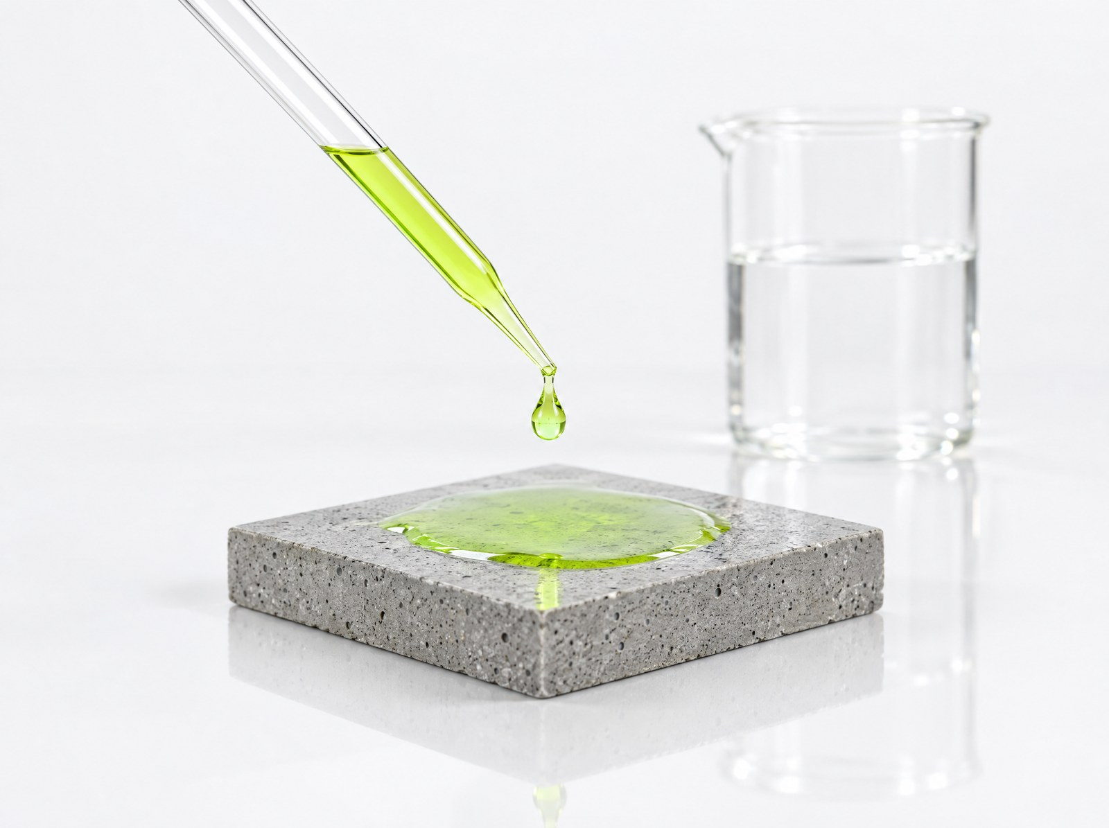 Una pipeta de vidrio deja caer una gota de material verde sobre una muestra de concreto, donde se extiende como una película.