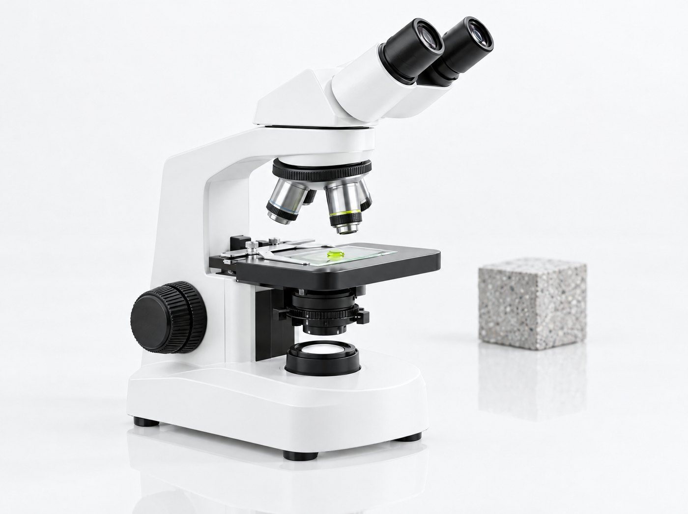 Microscopio blanco con una gota de material verde sobre el portaobjetos y un cubo de concreto al fondo.