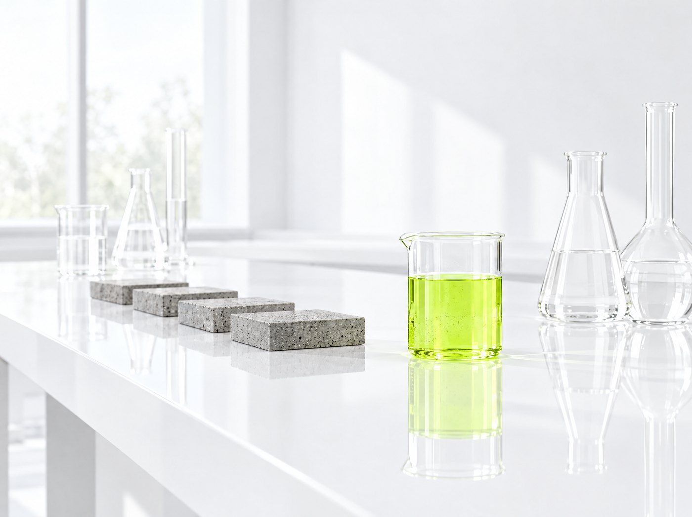 Mesa de laboratorio blanca con cristalería, muestras de concreto y un vaso con material verde.