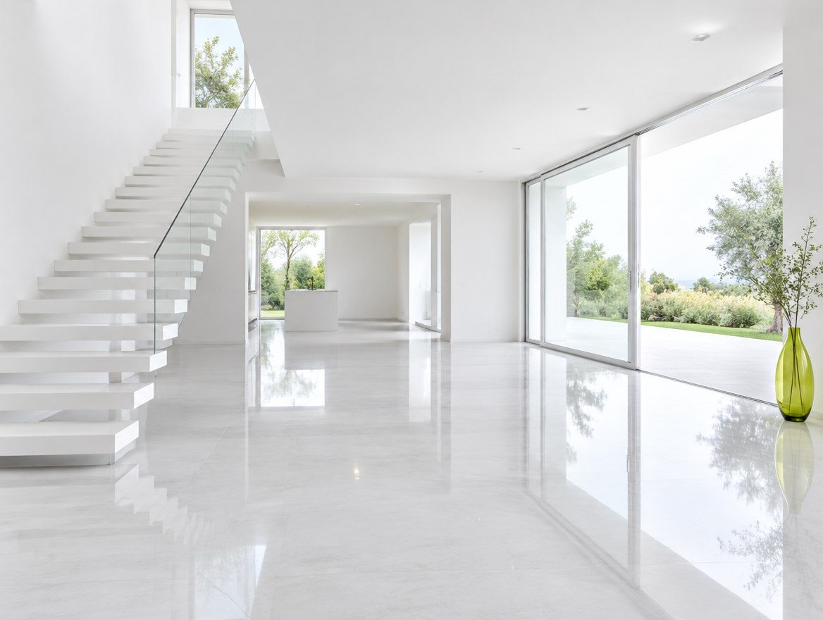 Interior de una casa blanca terminado, con piso brillante, escalera blanca y ventanales limpios.