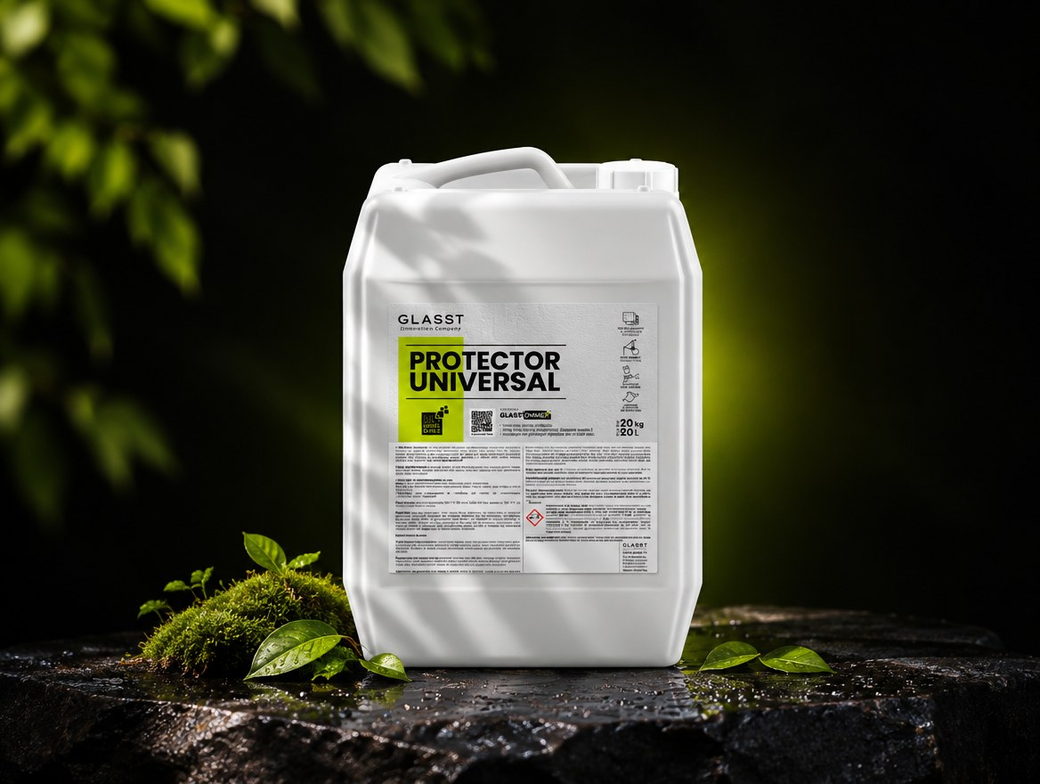 Envase de 20 L de Protector Universal sobre una piedra oscura con musgo y hojas frescas.
