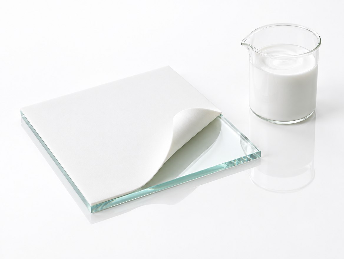 Muestra de vidrio con la película blanca de Protector Universal despegándose de una esquina.
