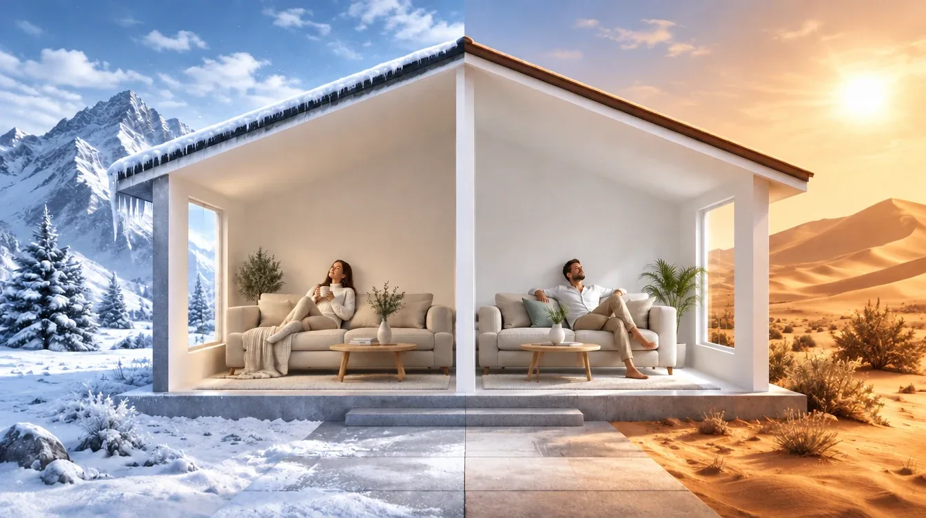Casa con UNHEAT® en dos climas: afuera nieve y desierto, adentro un ambiente confortable