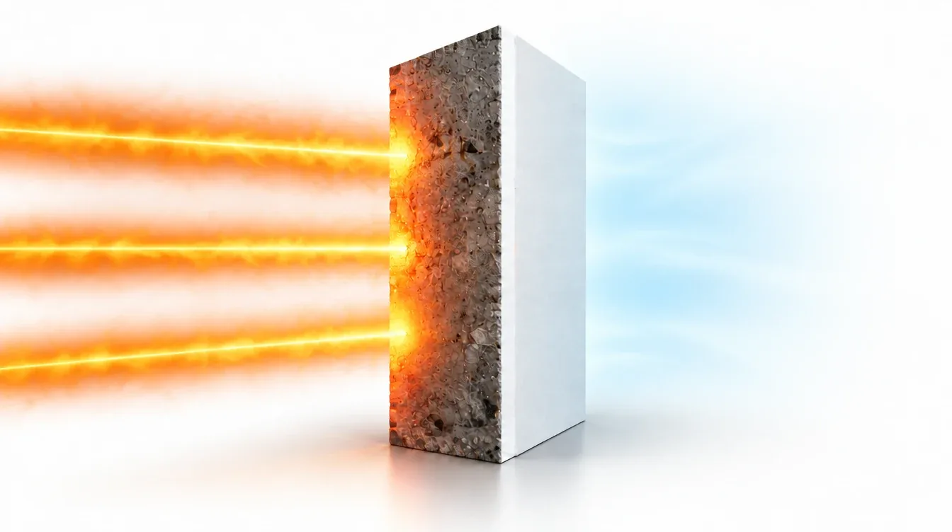 Con calor: transferencia del exterior al interior. El mismo corte vertical del material, con UNHEAT® aplicado en la cara interior. Las flechas ámbar indican el sentido del calor. No representan una cantidad ni una medición.