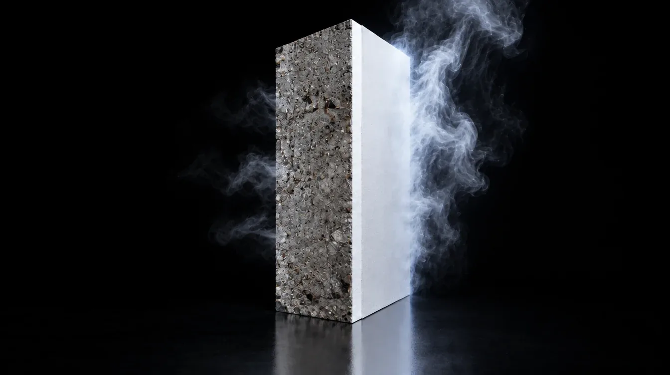 El vapor de agua atraviesa la capa de UNHEAT®. Corte conceptual de un muro con un recubrimiento blanco en su cara interior. Tres recorridos azules indican el paso del vapor a través del recubrimiento; no representan poros visibles ni circulación de aire.