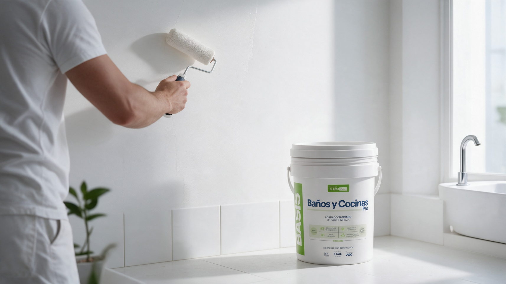 Pintor aplicando blanco en la pared de un baño, junto a la caneca de Baños y Cocinas Pro