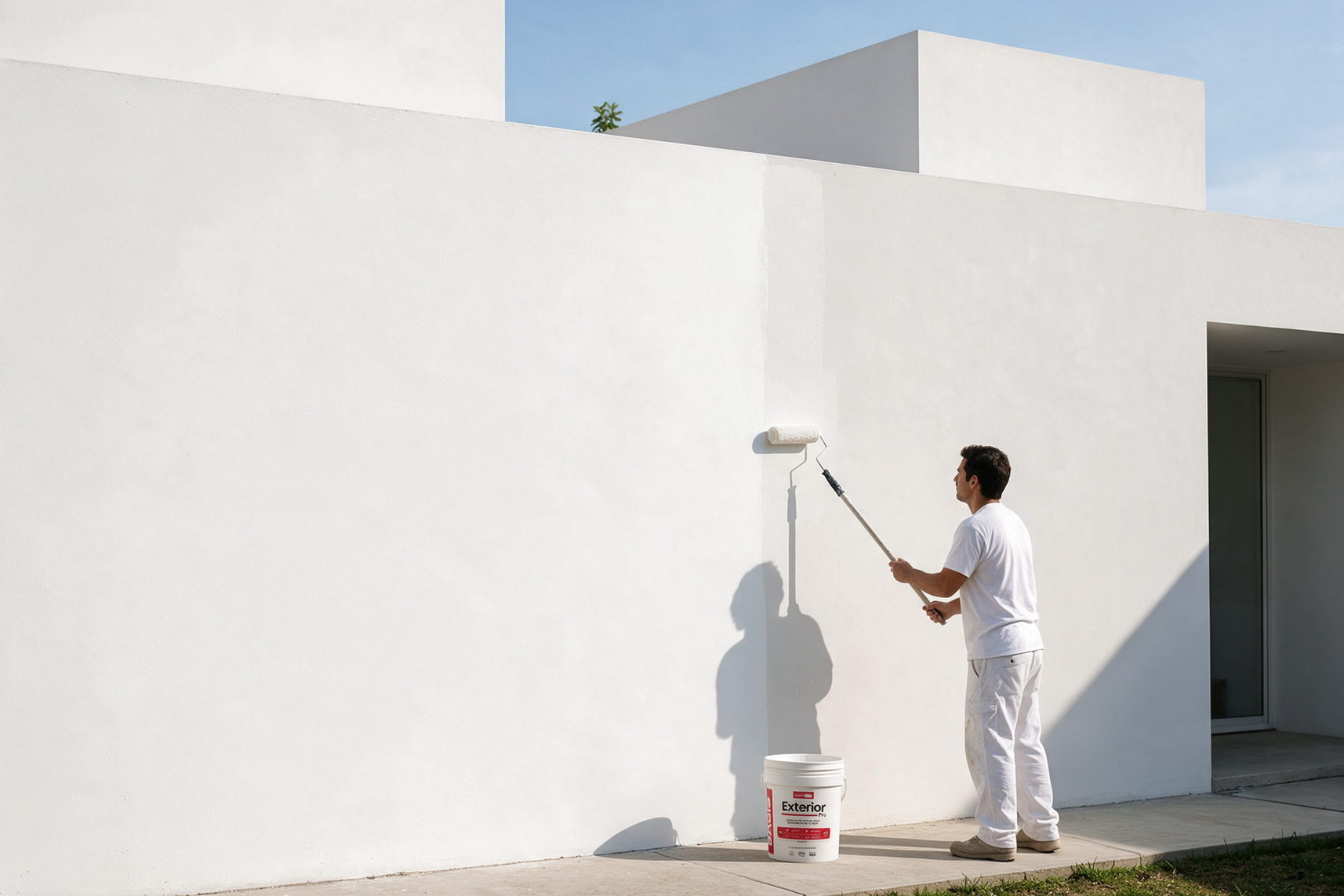 Pintor aplicando blanco sobre una fachada