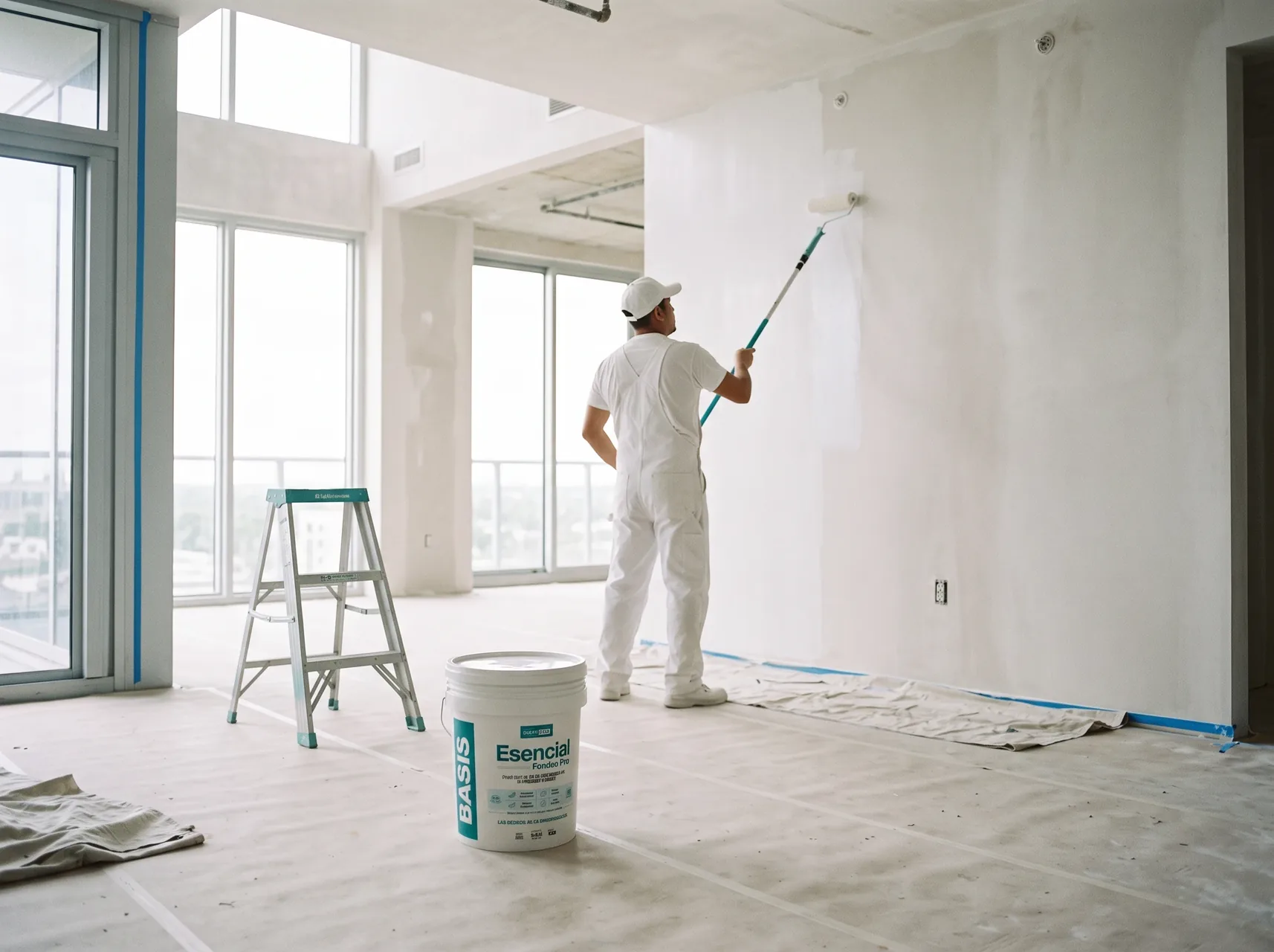 Pintor con overol blanco aplicando fondeo con rodillo en un muro de un apartamento en obra, junto a una caneca Basis Esencial Fondeo Pro.