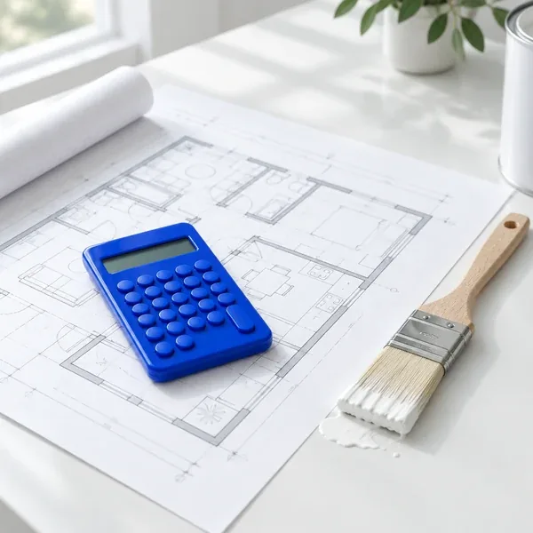 Calculadora azul sobre un plano arquitectónico junto a una brocha con pintura blanca.