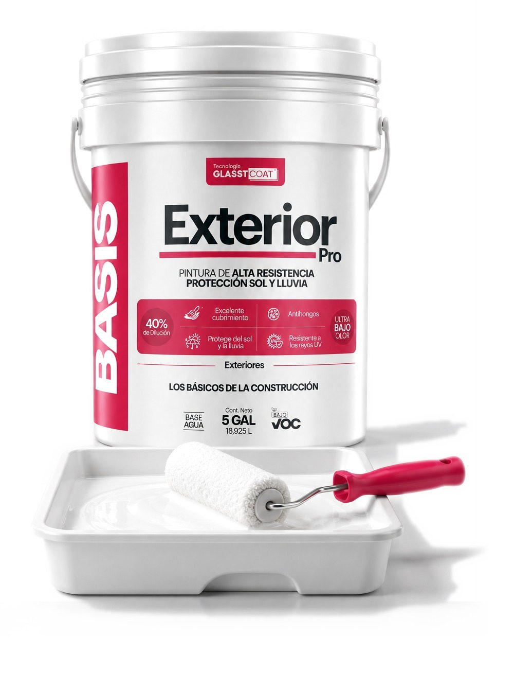 Caneca de Basis Exterior Pro con una bandeja de pintura blanca y un rodillo de mango rojo.