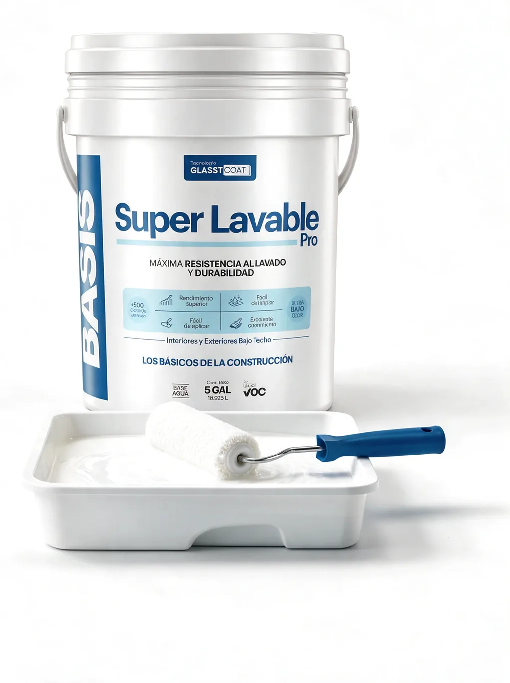 Caneca de Basis Súper Lavable Pro con una bandeja de pintura blanca y un rodillo de mango azul.
