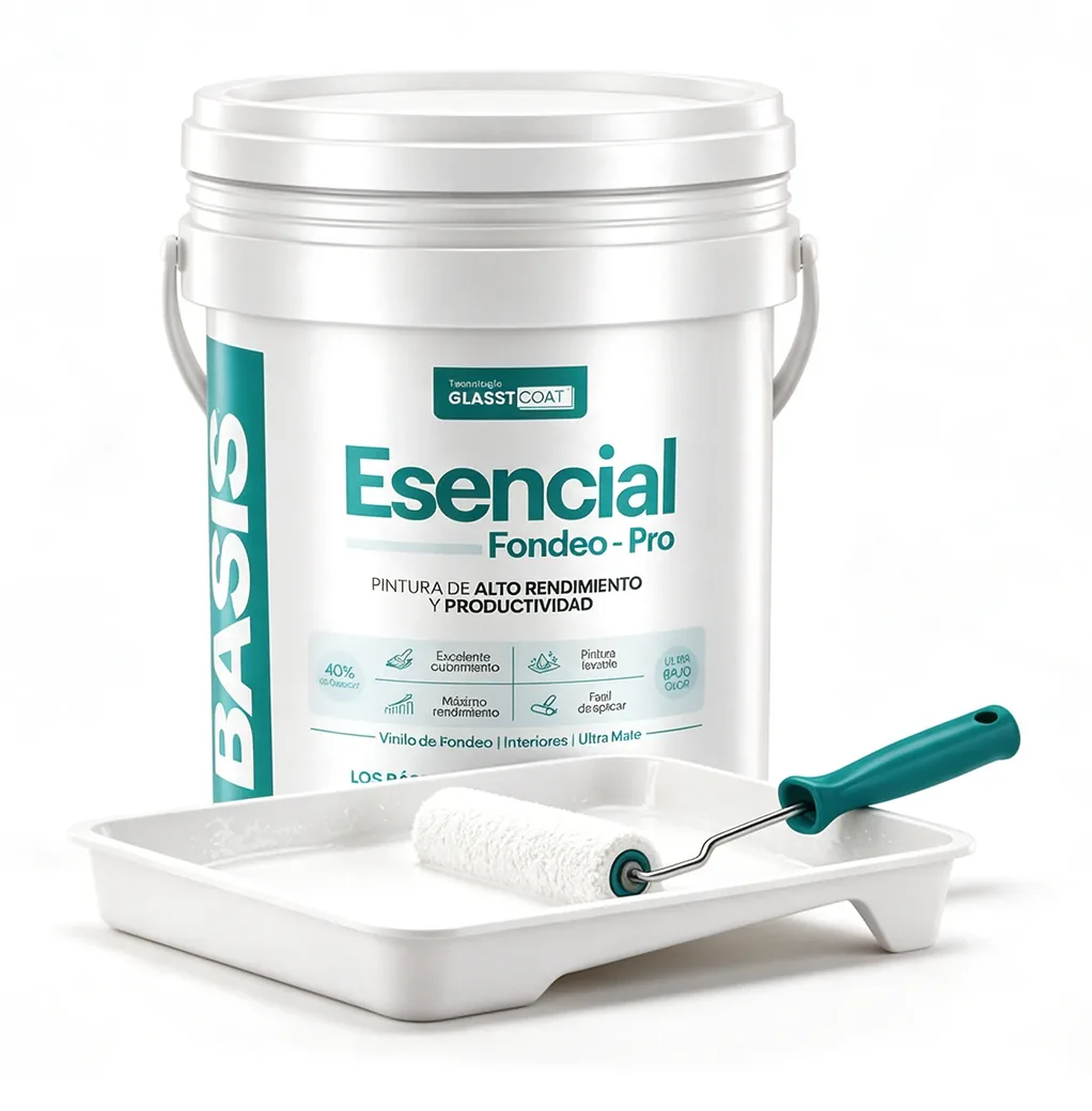 Caneca de Basis Esencial Fondeo Pro con una bandeja de pintura blanca y un rodillo de mango verde azulado.