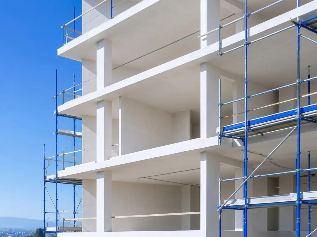 Edificio residencial en obra blanca con andamios azules bajo un cielo despejado.