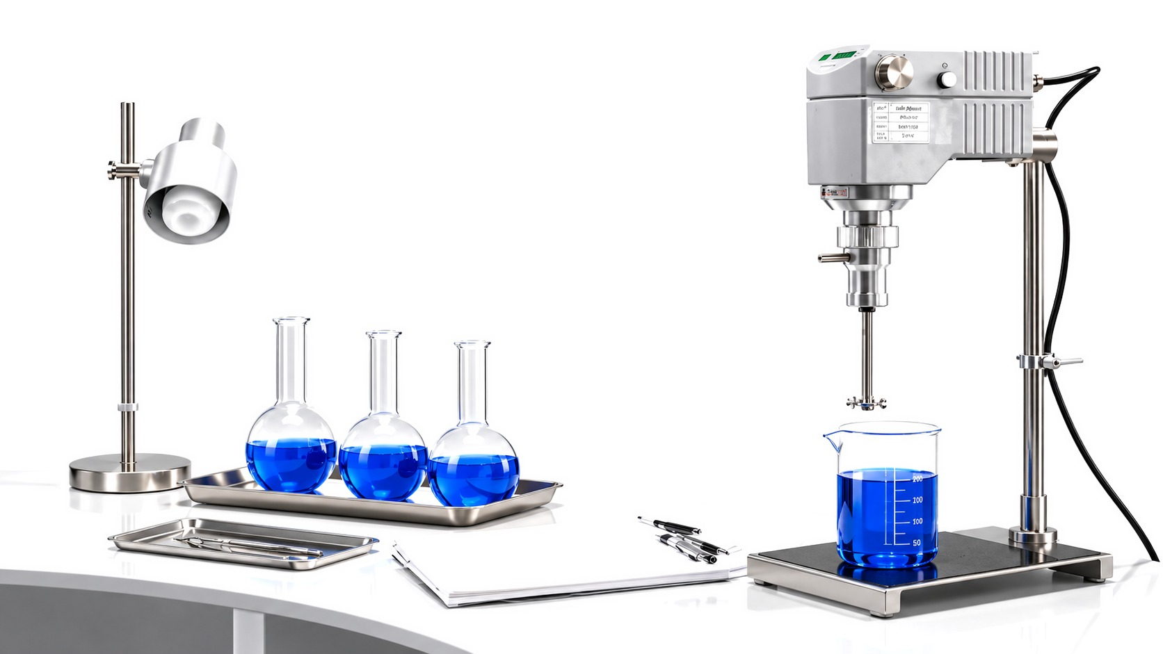 Laboratorio con matraces de líquido azul, una lámpara y un agitador de laboratorio sobre una mesa blanca.