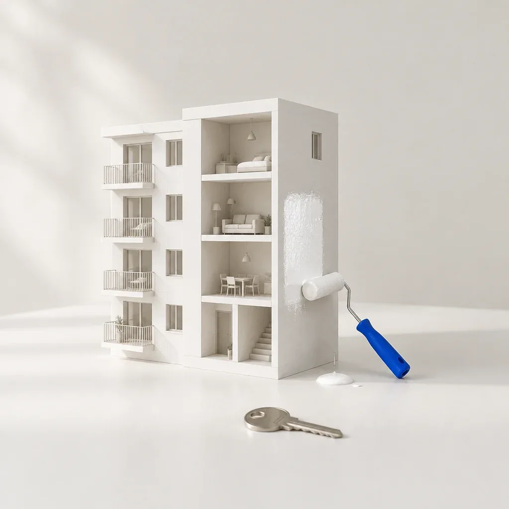 Maqueta blanca de un edificio de apartamentos con un muro recién pintado, un rodillo de mango azul y una llave.