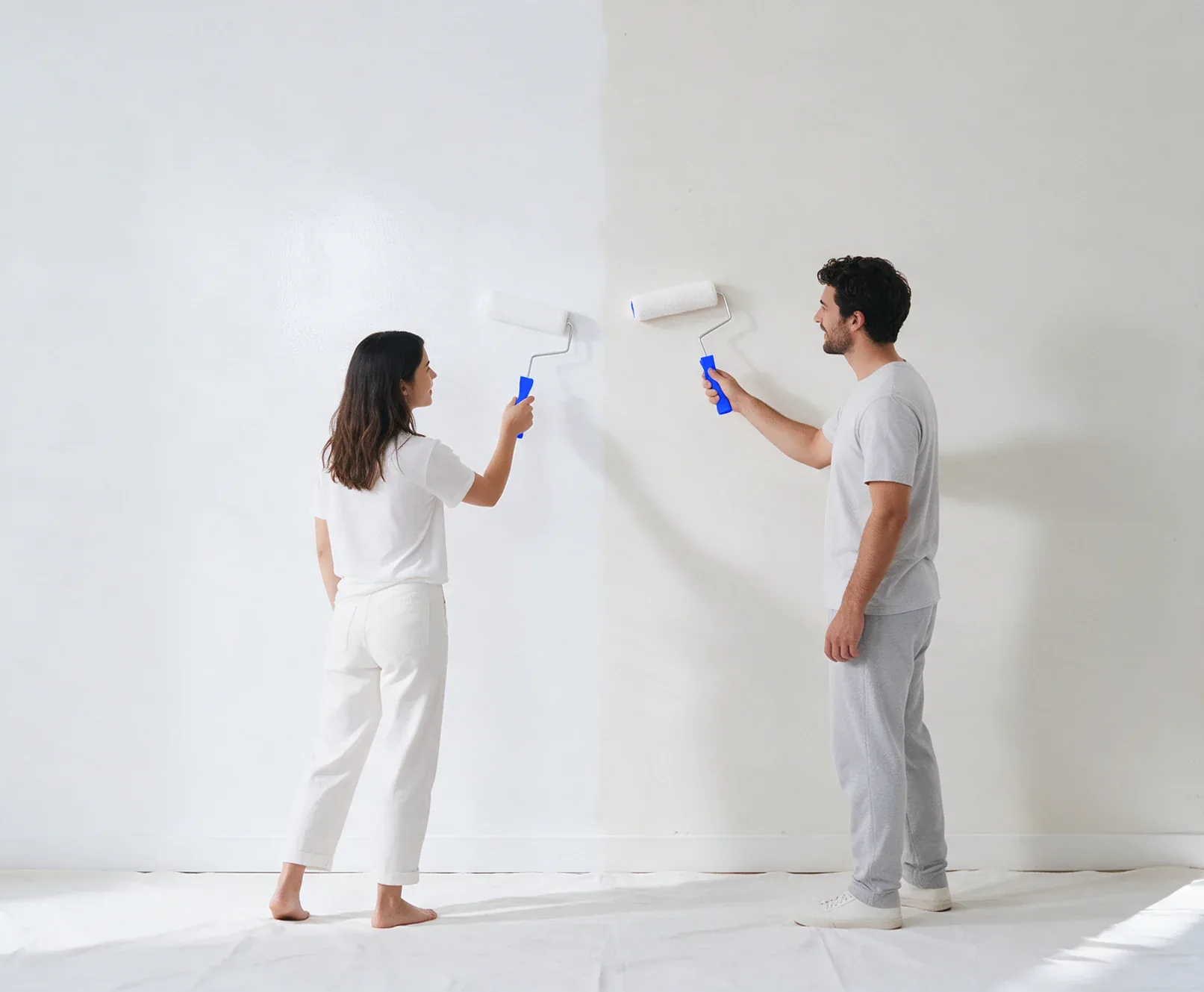 Pareja pintando de blanco el muro de su casa con rodillos de mango azul; la mitad del muro ya está renovada.