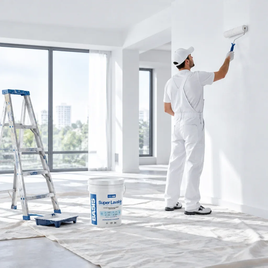 Pintor con overol blanco aplicando pintura con rodillo en un muro interior de una obra, junto a una caneca BASIS Súper Lavable Pro, una escalera y una bandeja.