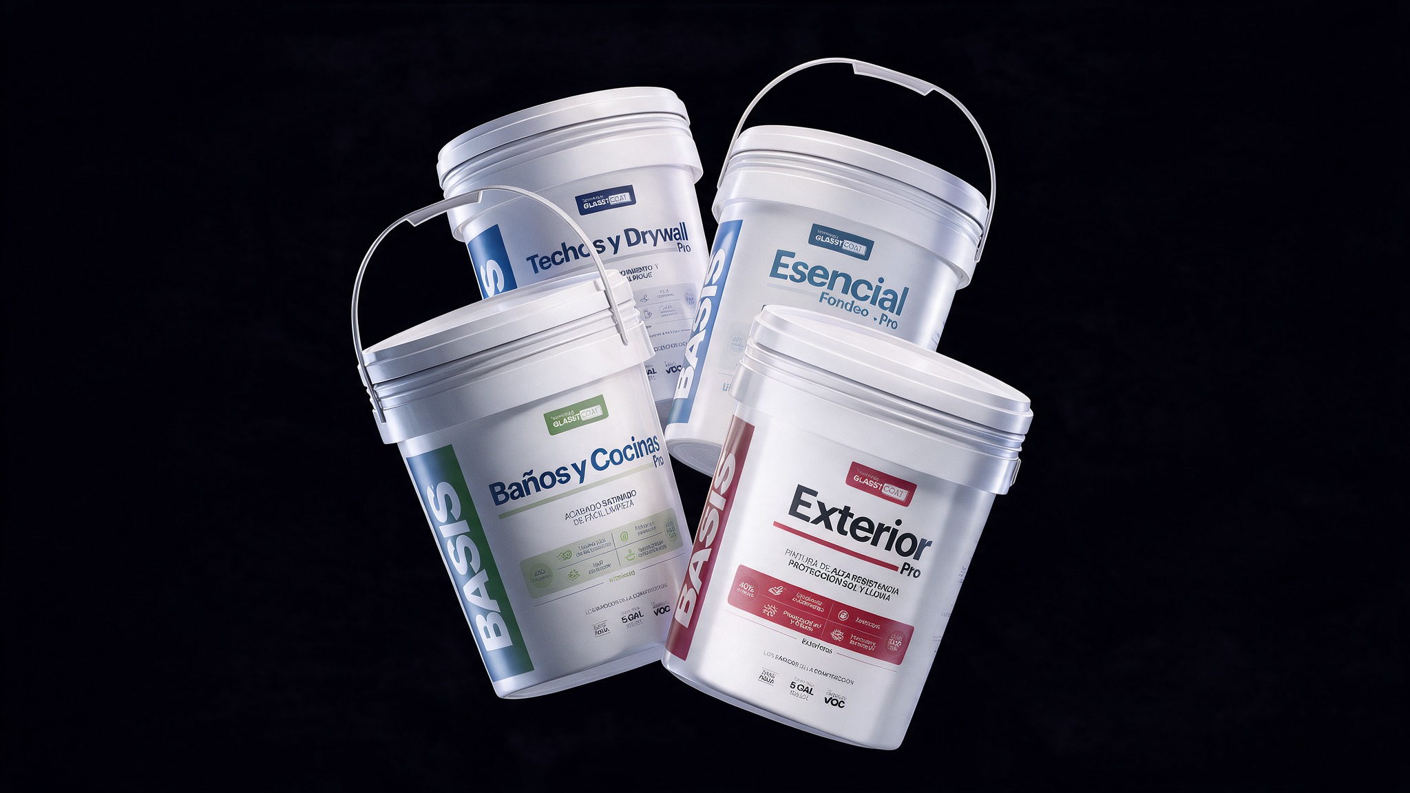 Canecas BASIS Techos y Drywall Pro, Esencial Fondeo Pro, Baños y Cocinas Pro y Exterior Pro sobre fondo negro