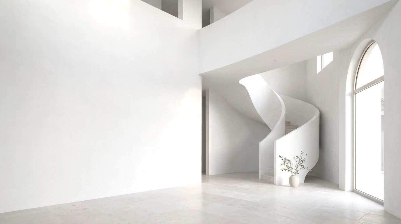 Interior blanco y elegante de doble altura con escalera escultórica y ventanal en arco.