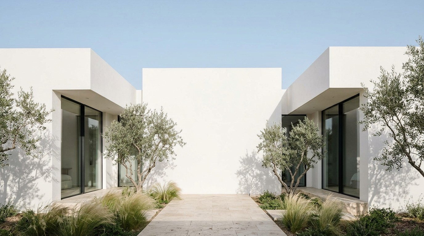 Fachada blanca de una casa elegante recién pintada, con olivos y un camino en piedra clara.