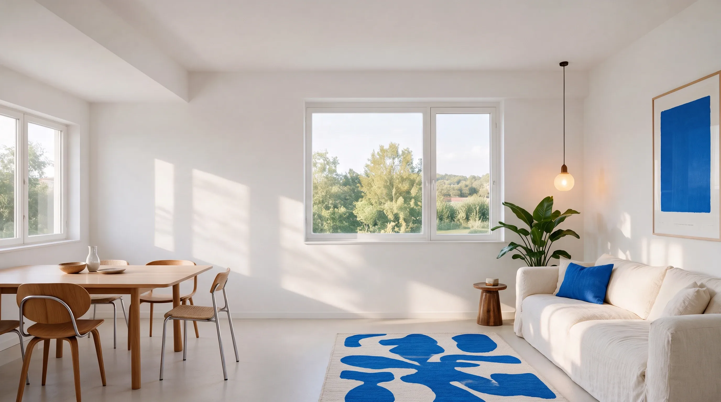 Interior luminoso de un apartamento con muros blancos, comedor de madera, sofá crema y detalles en azul.