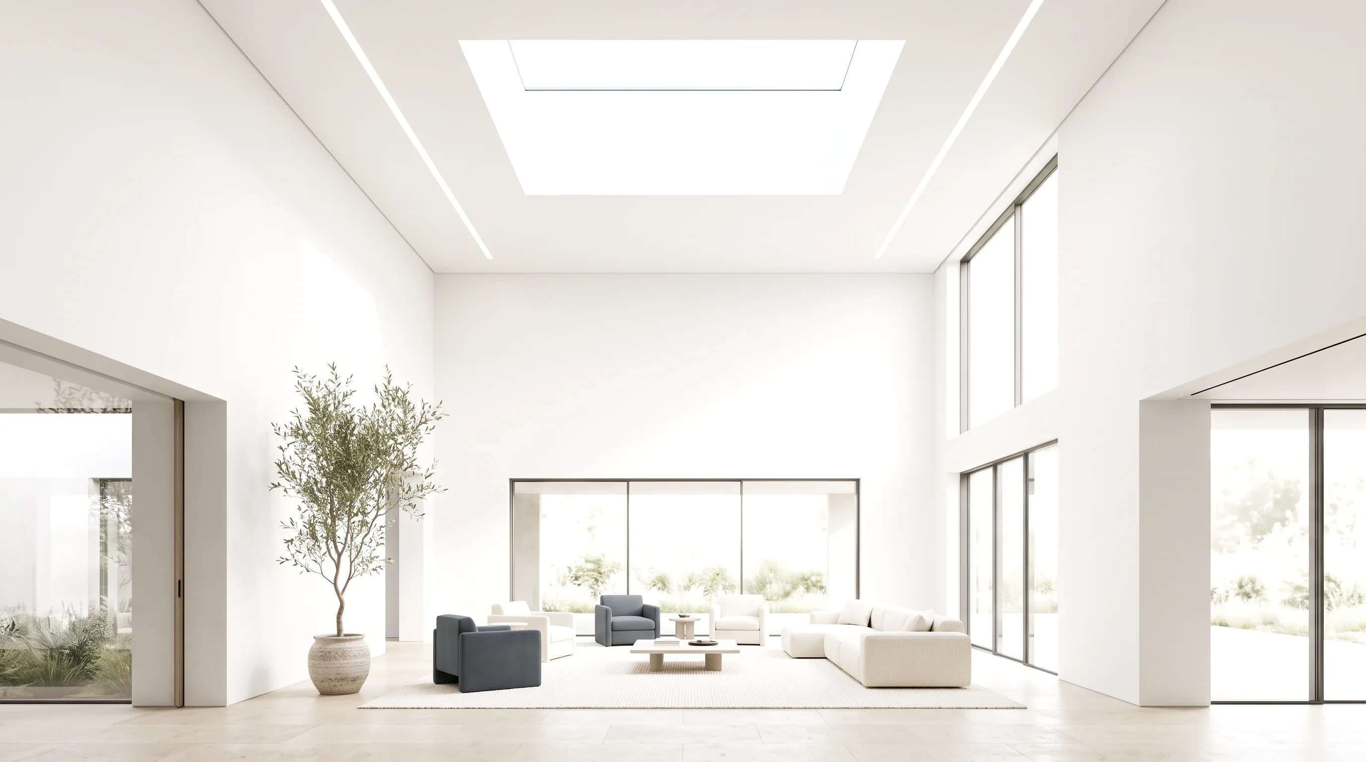 Sala luminosa de doble altura con cielo blanco, tragaluz y líneas de luz, con muebles en marfil y gris pizarra.
