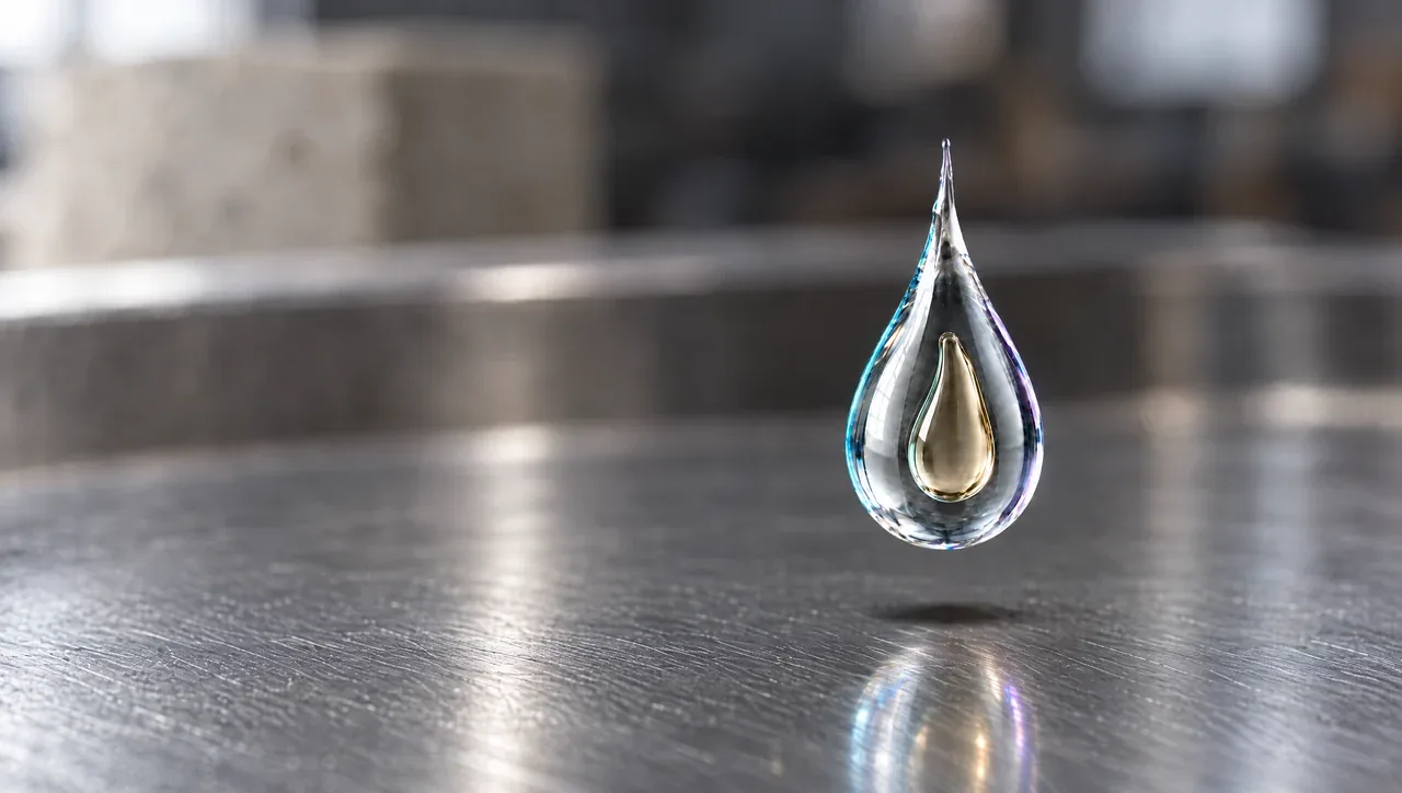 Representación conceptual de GlasstMould®: una doble gota frente al acero de una formaleta, con concreto al fondo.