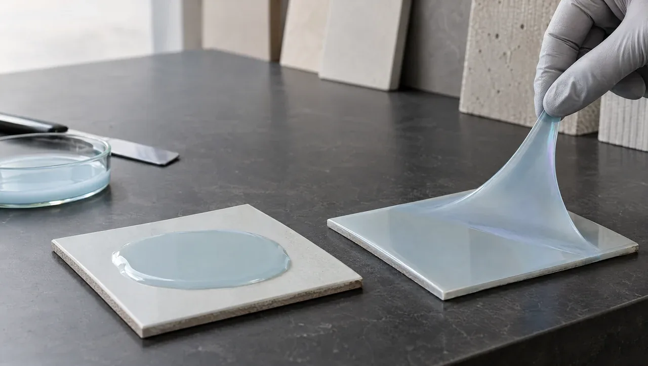 Representación conceptual de Glasstommer®: aplicación líquida y película seca flexible que se retira de una superficie.