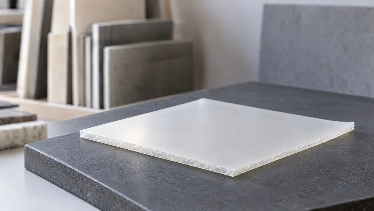 Representación conceptual de ThermGlasst®: una lámina translúcida y ligera sobre una mesa de materiales arquitectónicos.